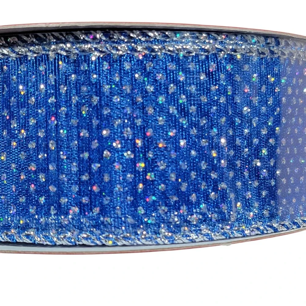 Hobby Lobby Blue Silver Polka Dot Wired Ribbon 1.5